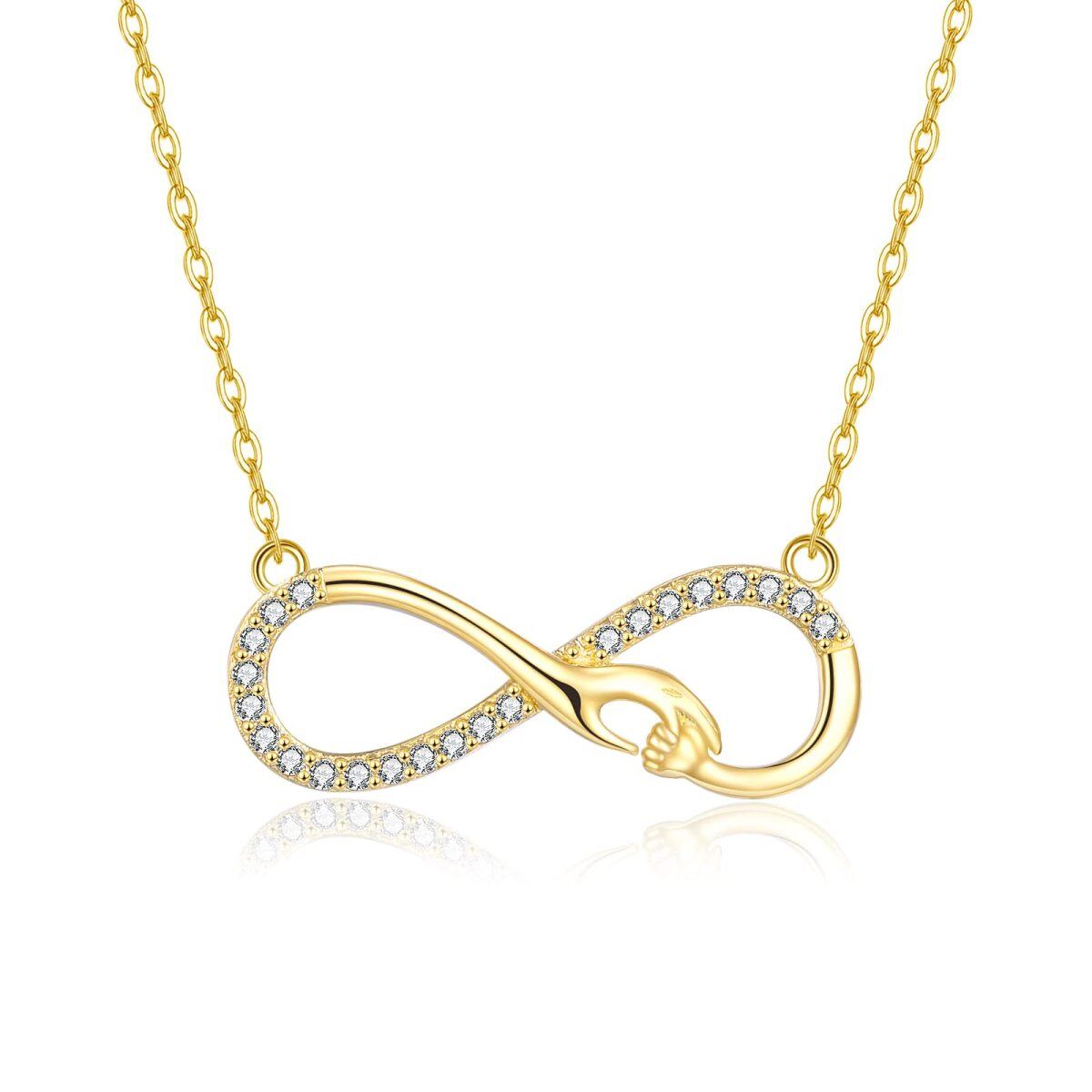 10K Gold Circular Shaped Cubic Zirconia Hold Hands & Infinity Symbol Pendant Necklace-1