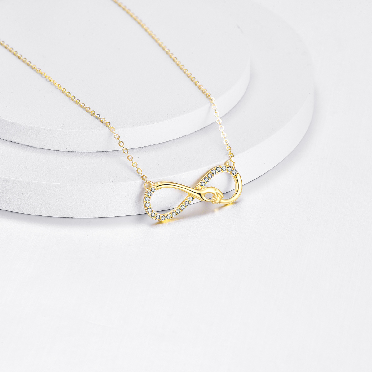 10K Gold Circular Shaped Cubic Zirconia Hold Hands & Infinity Symbol Pendant Necklace-3