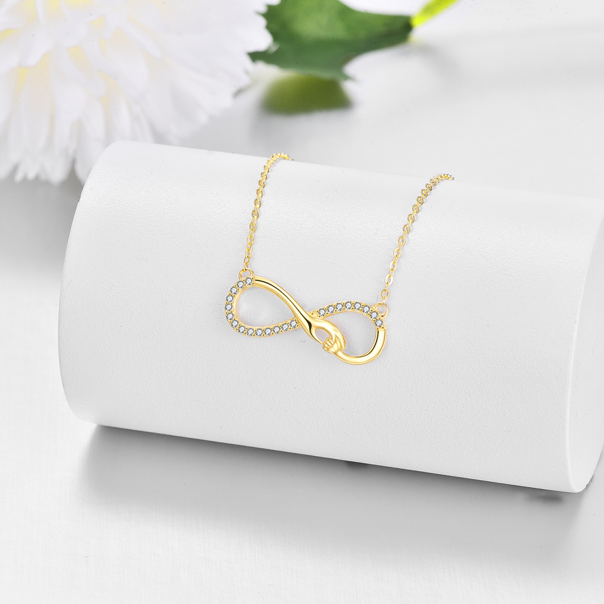 Ouro 14K com símbolo do infinito de zircônia e colar com pingente de mão mãe e filho para mulheres-4