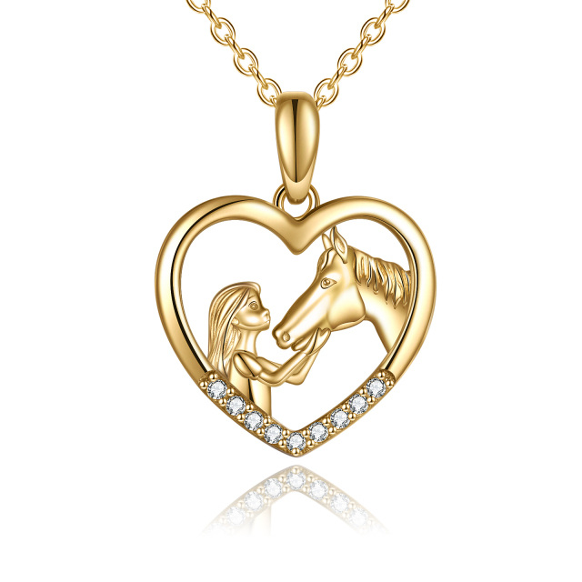 Collier en or 14K avec pendentif cheval et coeur en zircone cubique de forme circulaire-1