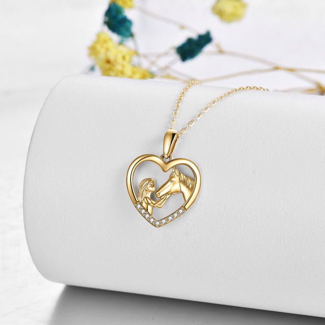 14K Gold Circular Shaped Cubic Zirconia Horse & Heart Pendant Necklace-4