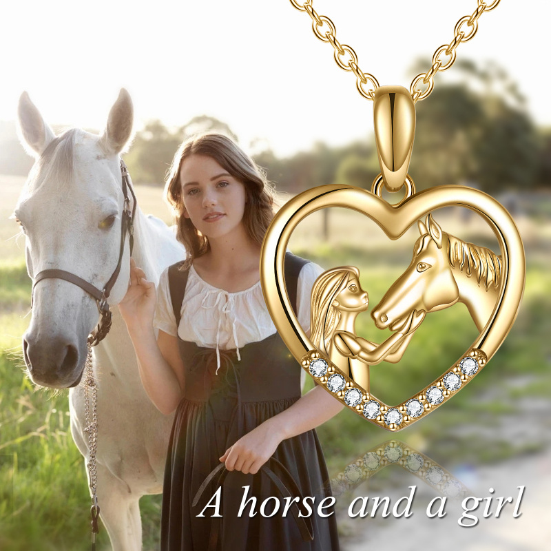 10K Gold Circular Shaped Cubic Zirconia Horse & Heart Pendant Necklace-5