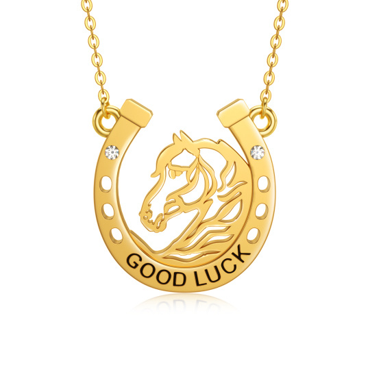 14K Gold Circular Shaped Cubic Zirconia Horse & Horseshoe Pendant Necklace with Engraved Word