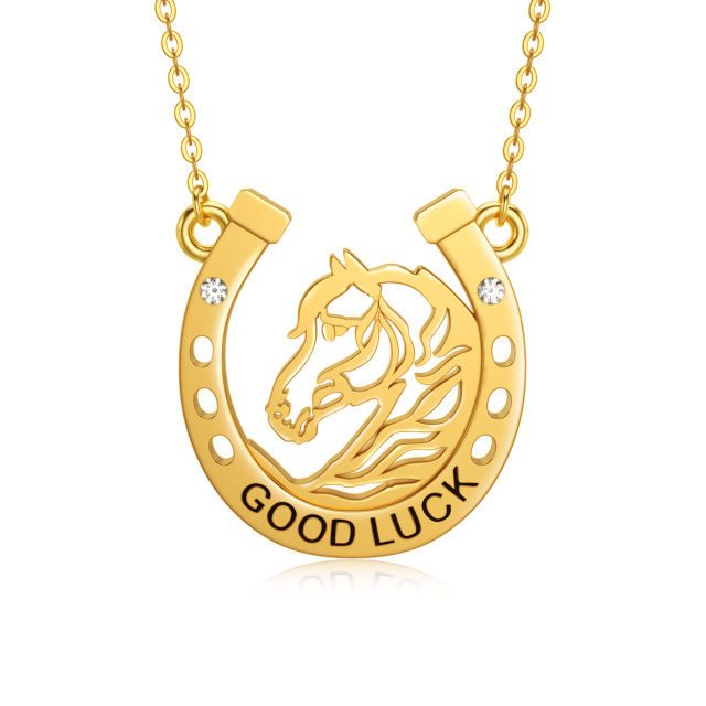 14K Gold Circular Shaped Cubic Zirconia Horse & Horseshoe Pendant Necklace with Engraved Word-4