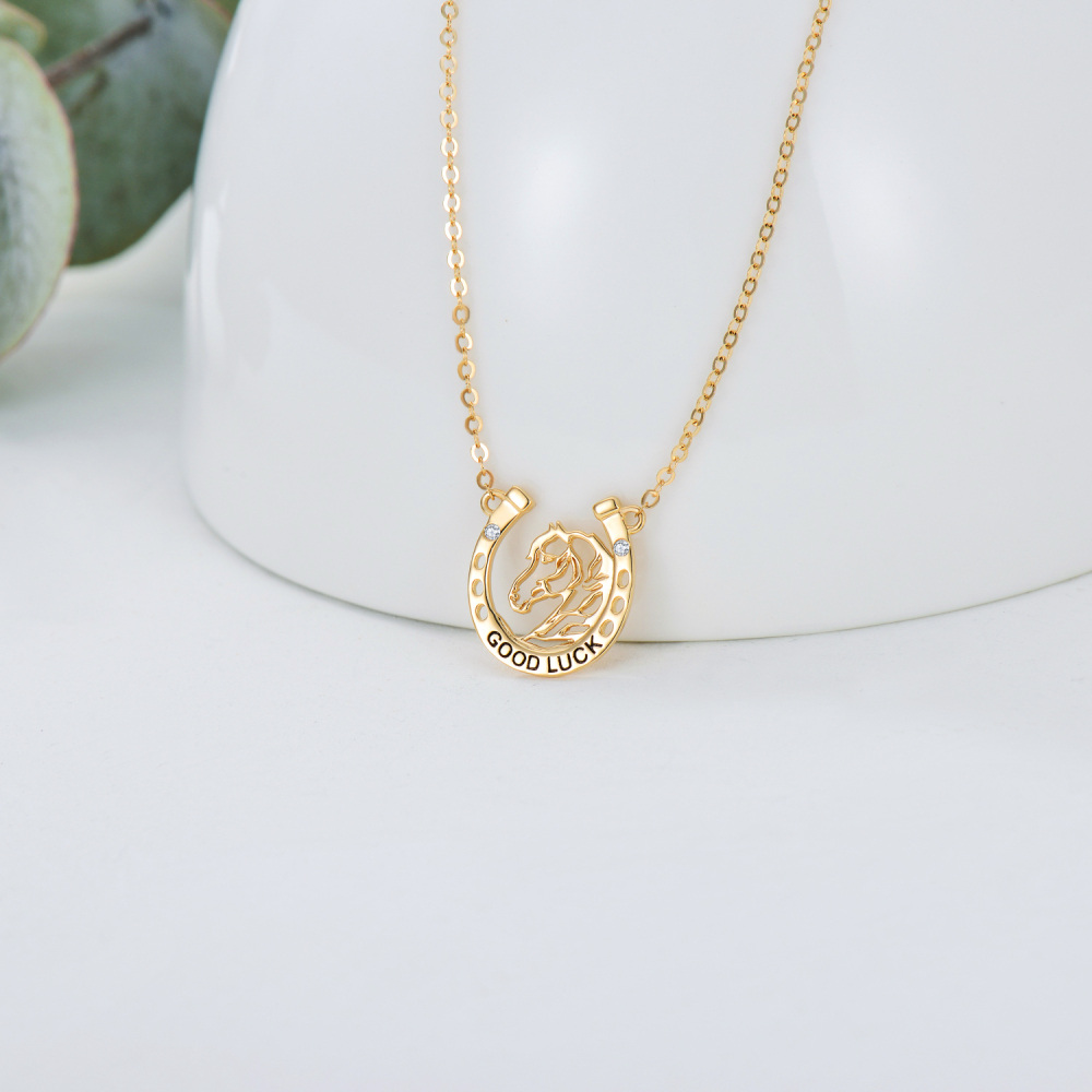 10K Gold Circular Shaped Cubic Zirconia Horse & Horseshoe Pendant Necklace with Engraved Word-3