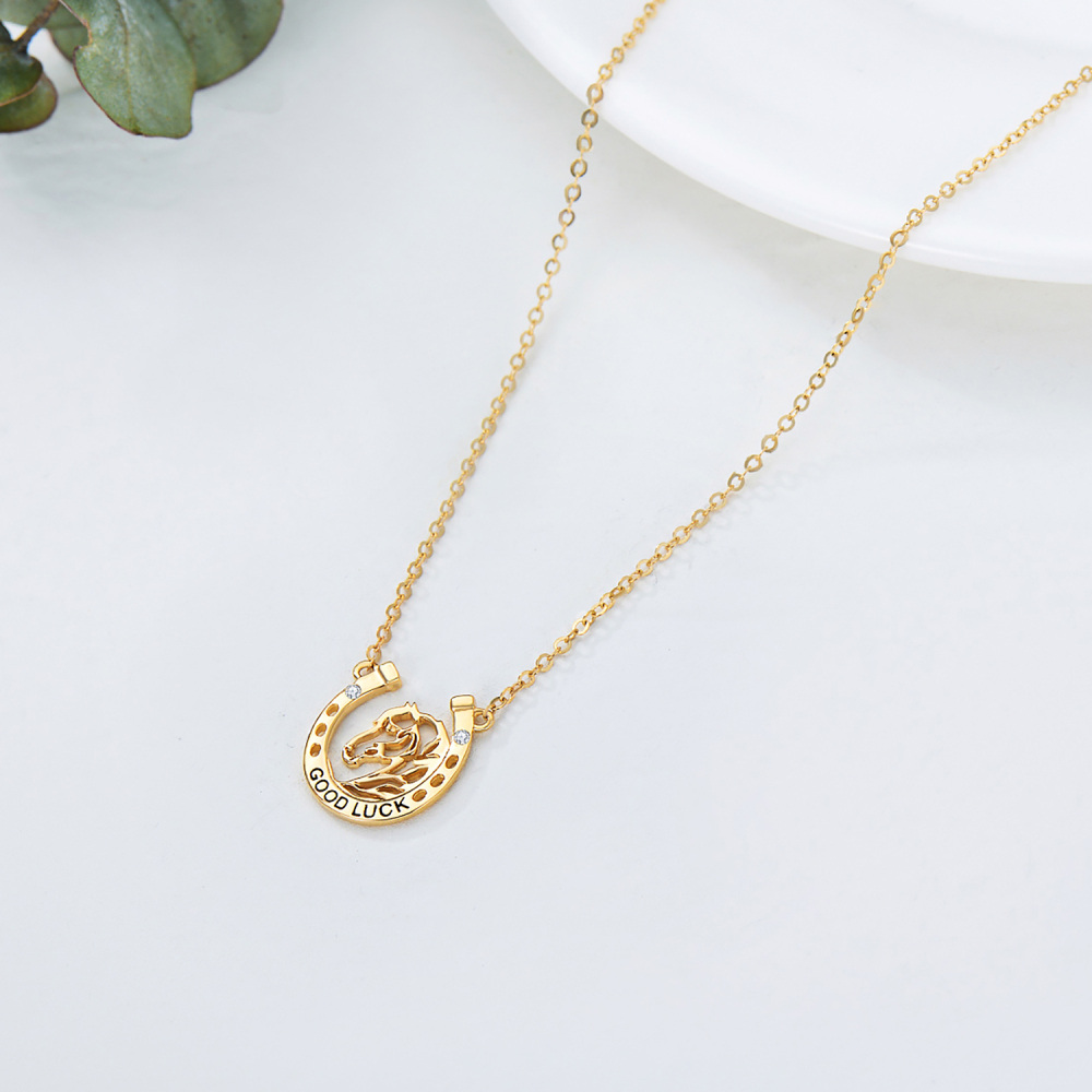 10K Gold Circular Shaped Cubic Zirconia Horse & Horseshoe Pendant Necklace with Engraved Word-4