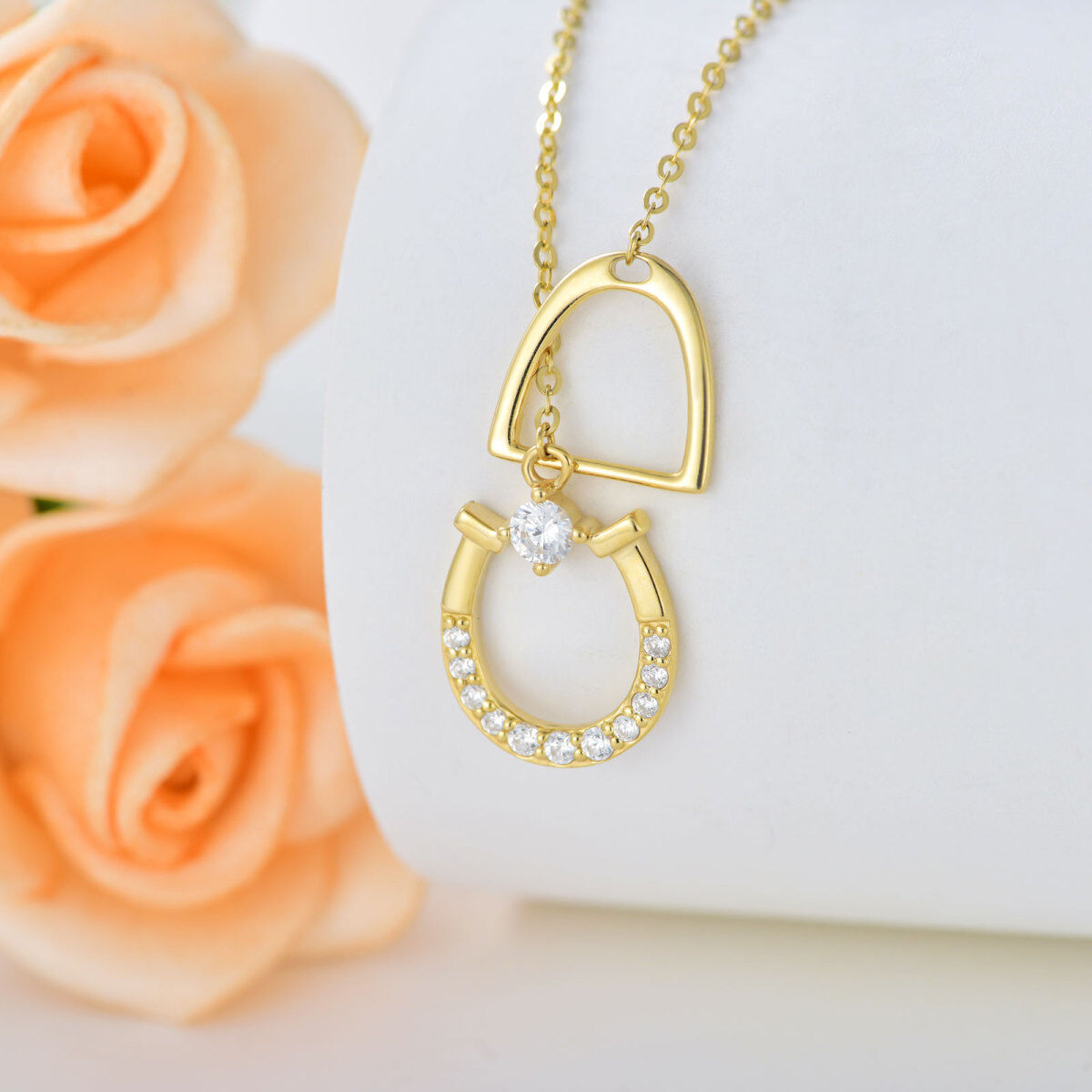 10K Gold Circular Shaped Cubic Zirconia Horseshoe Pendant Necklace-3