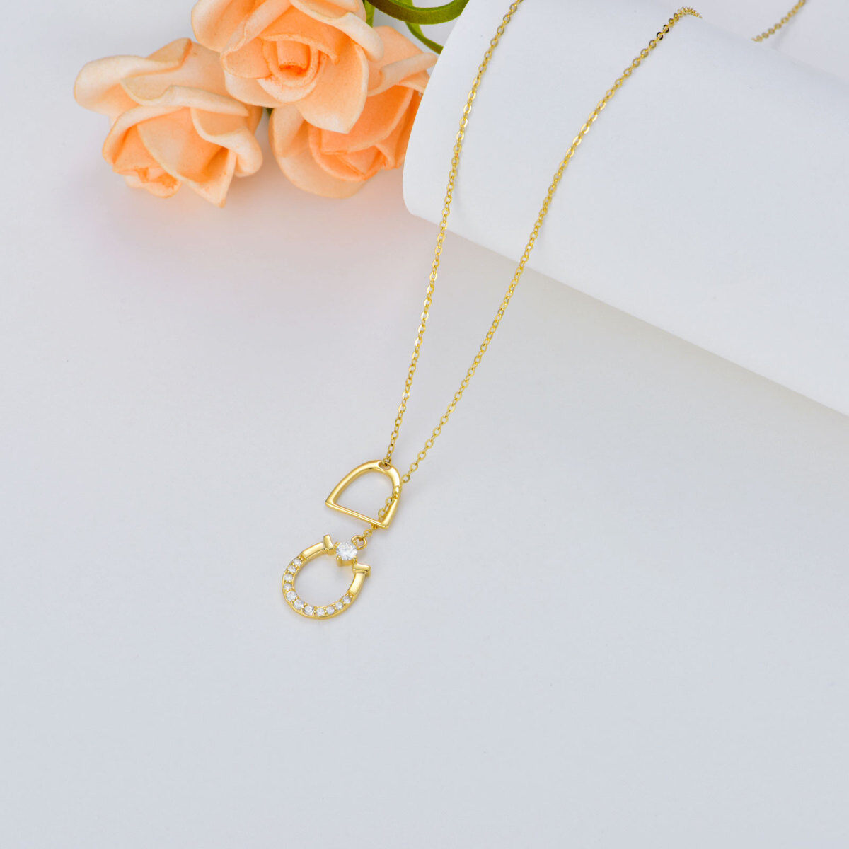 10K Gold Circular Shaped Cubic Zirconia Horseshoe Pendant Necklace-4