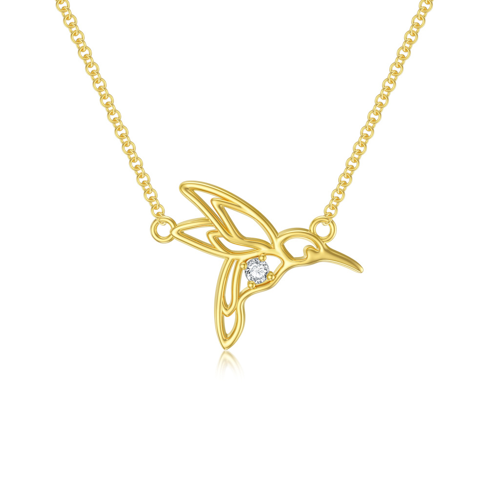 Colar com pendente de colibri de zircónia cúbica em formato circular de ouro 10K-1