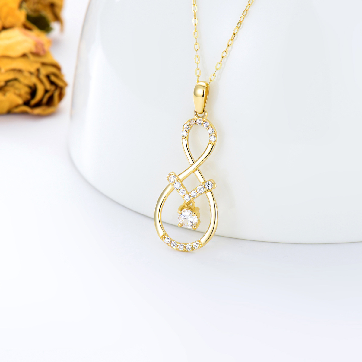 10K Gold Circular Shaped Cubic Zirconia Infinite Symbol Pendant Necklace-3