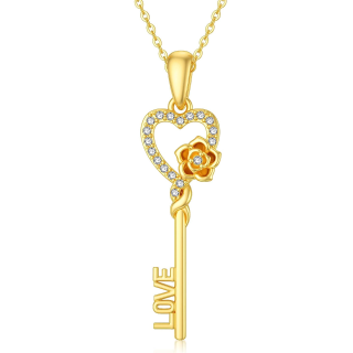 10K Gold Circular Shaped Cubic Zirconia Key Pendant Necklace-52