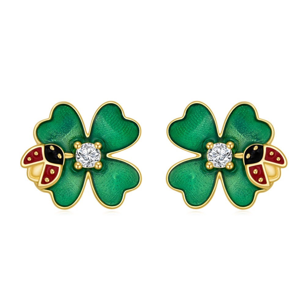 10K Gold Circular Shaped Cubic Zirconia Ladybug & Four Leaf Clover Stud Earrings-1