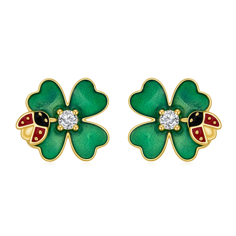 10K Gold Circular Shaped Cubic Zirconia Ladybug & Four Leaf Clover Stud Earrings-1