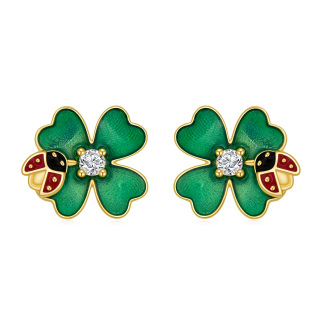 14K Gold Circular Shaped Cubic Zirconia Ladybug & Four Leaf Clover Stud Earrings-3