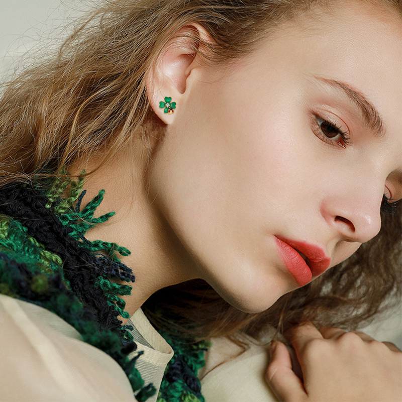 10K White Gold Round Cut Cubic Zirconia Ladybug & Four Leaf Clover Stud Earrings-2