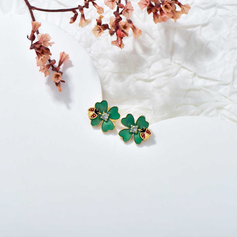 10K White Gold Round Cut Cubic Zirconia Ladybug & Four Leaf Clover Stud Earrings-3