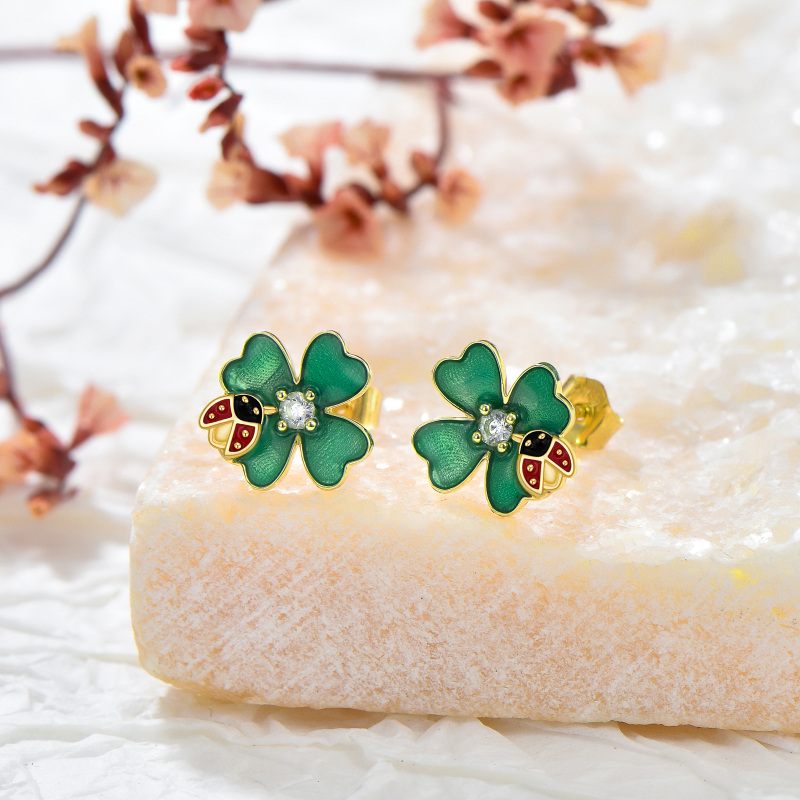 10K White Gold Round Cut Cubic Zirconia Ladybug & Four Leaf Clover Stud Earrings-4