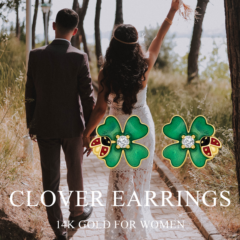 10K White Gold Round Cut Cubic Zirconia Ladybug & Four Leaf Clover Stud Earrings-5