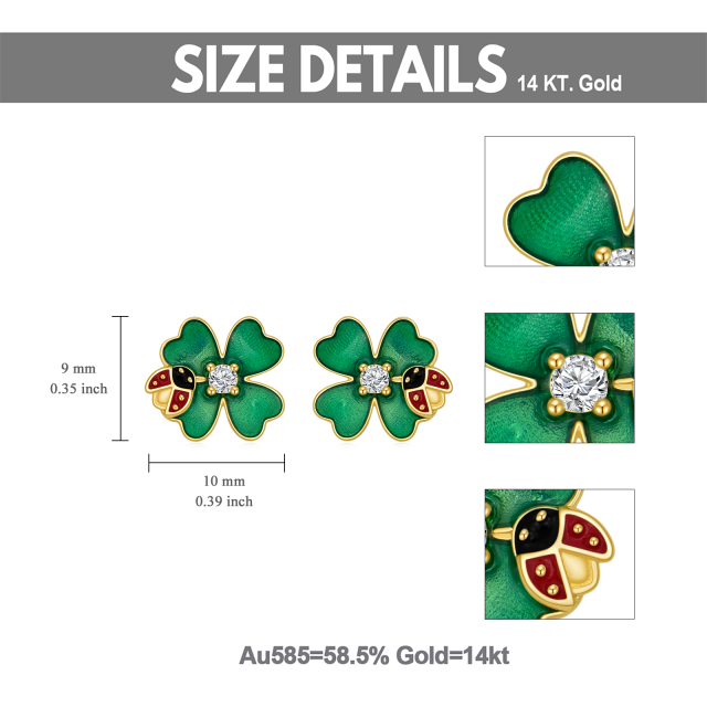 Pendientes de oro de 14 quilates con circonita cúbica en forma de mariquita y trébol de cu-6