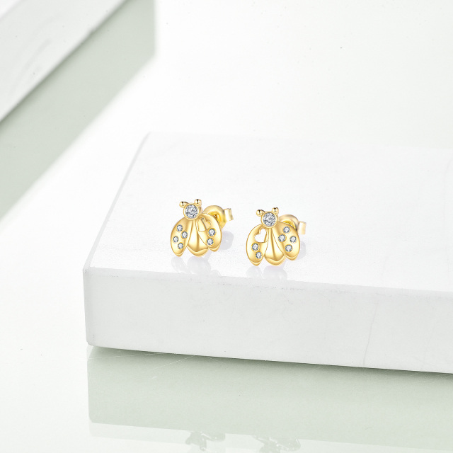 14K Gold Circular Shaped Cubic Zirconia Ladybug Stud Earrings-4