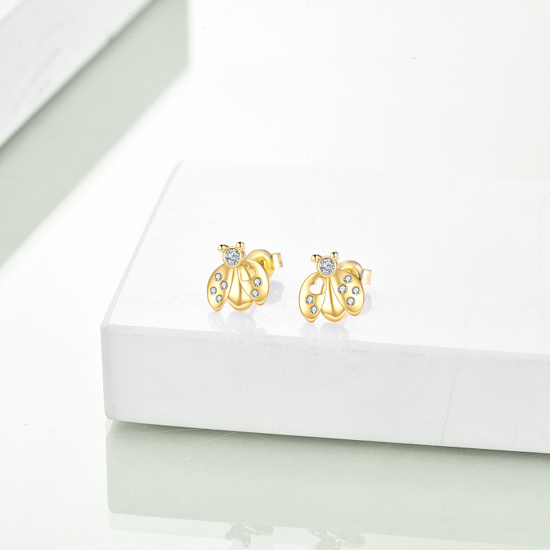 18K Gold Circular Shaped Cubic Zirconia Ladybug Stud Earrings-4