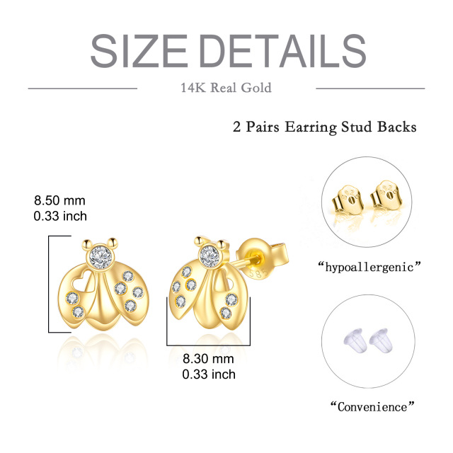 14K Gold Circular Shaped Cubic Zirconia Ladybug Stud Earrings-5