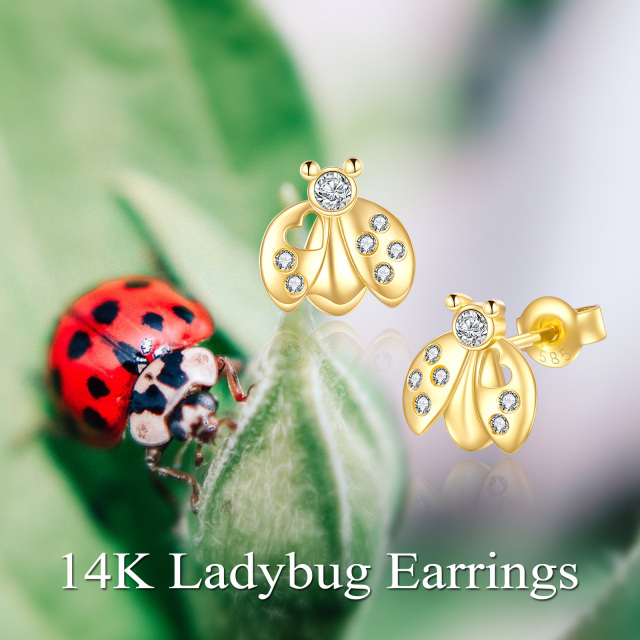 14K Gold Circular Shaped Cubic Zirconia Ladybug Stud Earrings-6