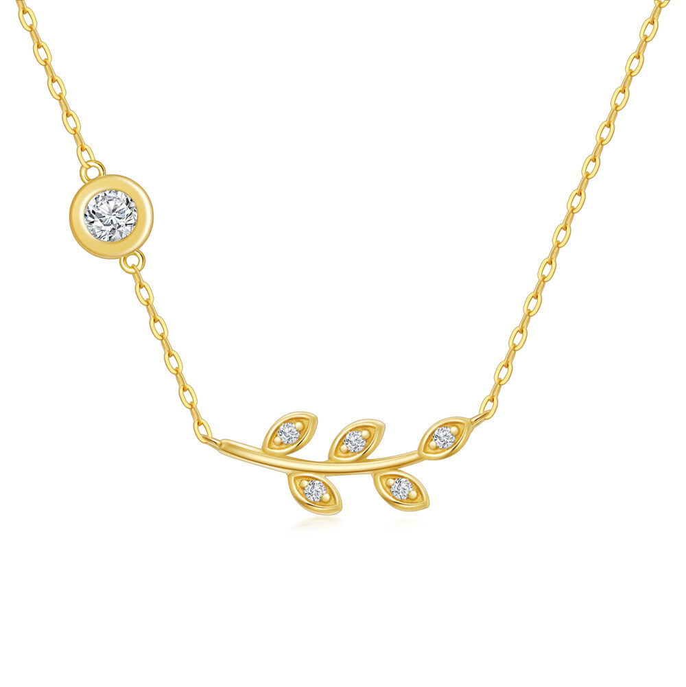 10K Gold Circular Shaped Cubic Zirconia Leaves Pendant Necklace-1