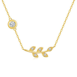 10K Gold Circular Shaped Cubic Zirconia Leaves Pendant Necklace-43