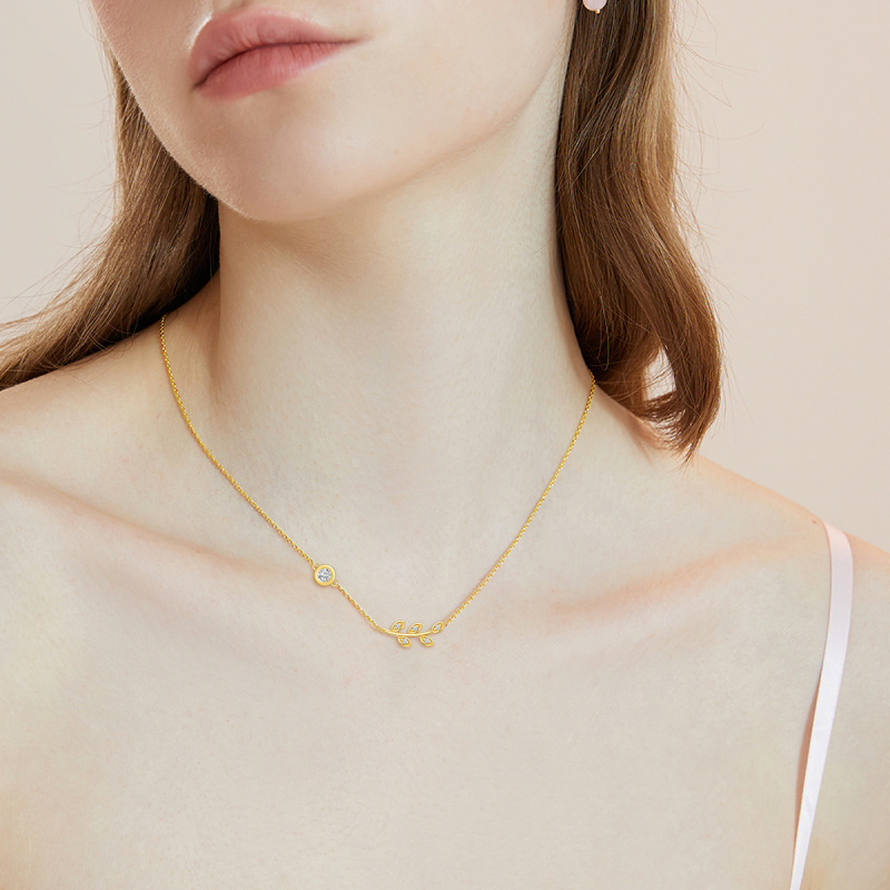 10K Gold Circular Shaped Cubic Zirconia Leaves Pendant Necklace-2