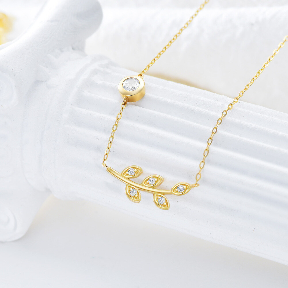 10K Gold Circular Shaped Cubic Zirconia Leaves Pendant Necklace-3