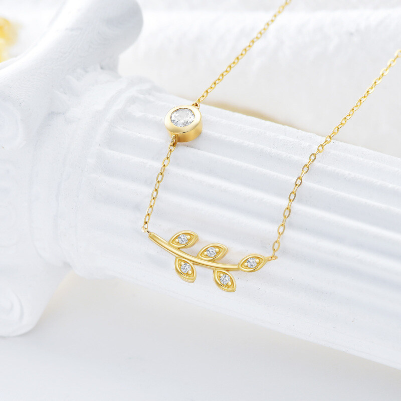 10K Gold Circular Shaped Cubic Zirconia Leaves Pendant Necklace-3