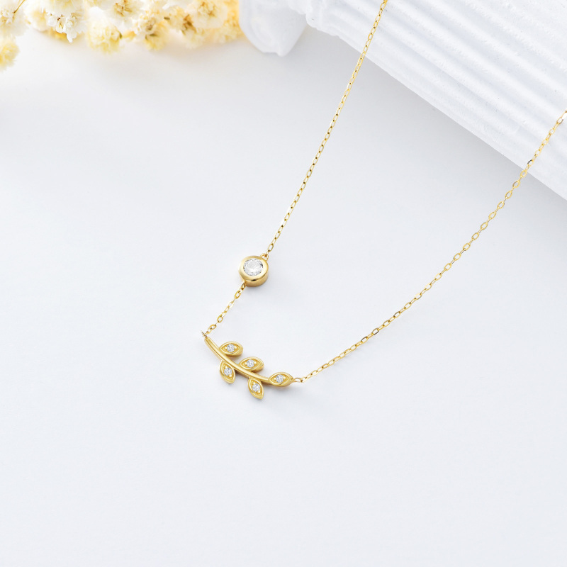 10K Gold Circular Shaped Cubic Zirconia Leaves Pendant Necklace-4