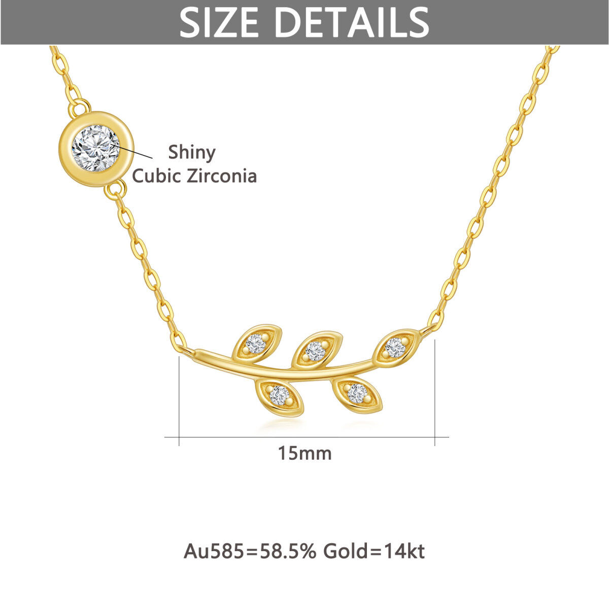 14K Gold Circular Shaped Cubic Zirconia Leaves Pendant Necklace-5