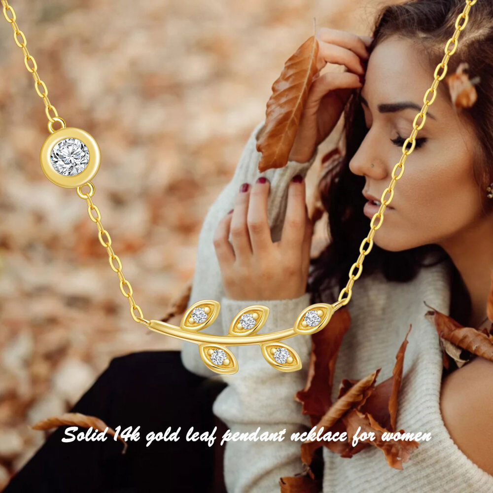 10K Gold Circular Shaped Cubic Zirconia Leaves Pendant Necklace-6