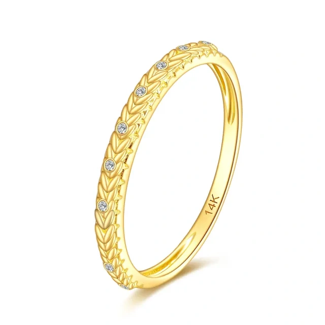 14K Gold Circular Shaped Cubic Zirconia Leaves Ring