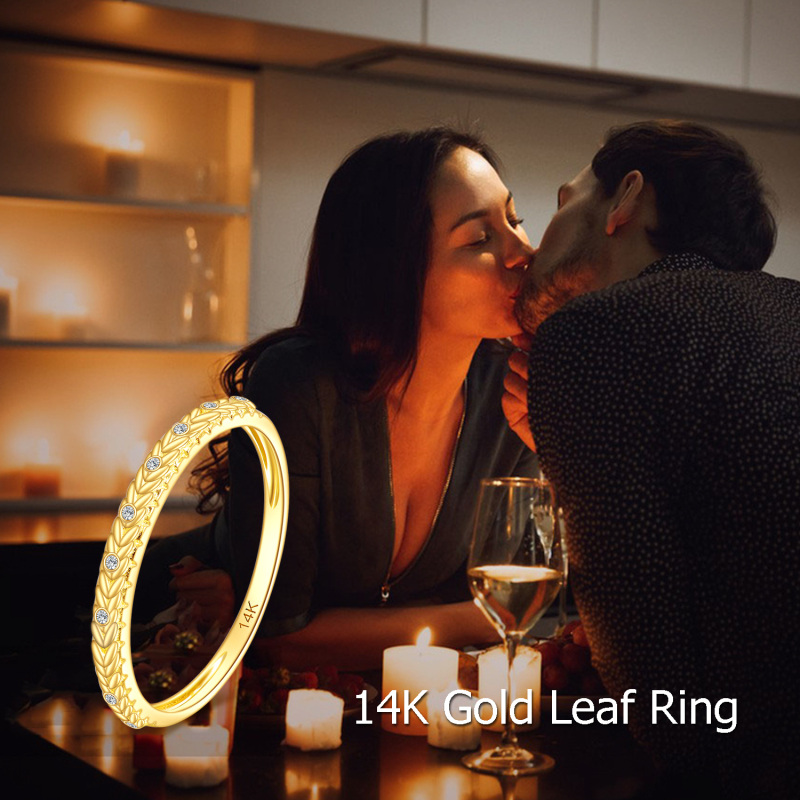 Bague feuilles en or 18K à zircon cubique de forme circulaire-5