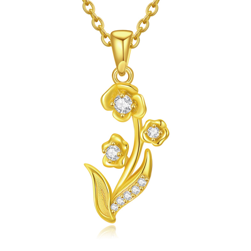 10K Gold Circular Shaped Cubic Zirconia Lily Pendant Necklace-31