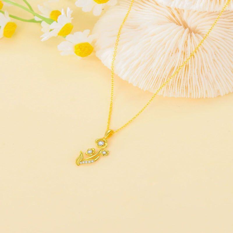 10K Gold Circular Shaped Cubic Zirconia Lily Pendant Necklace-3