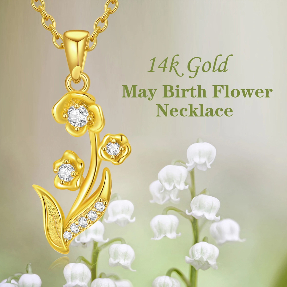 Colar de lírio do vale com diamante em ouro real 14k para mulheres pode nascer colar de flores-5