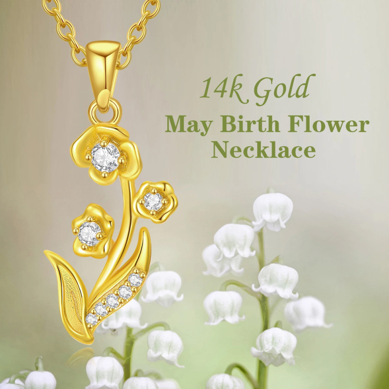 10K Gold Circular Shaped Cubic Zirconia Lily Pendant Necklace-5