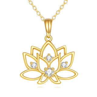 10K Gold Circular Shaped Cubic Zirconia Lotus Pendant Necklace-14