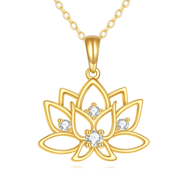 14K Gold Circular Shaped Cubic Zirconia Lotus Pendant Necklace