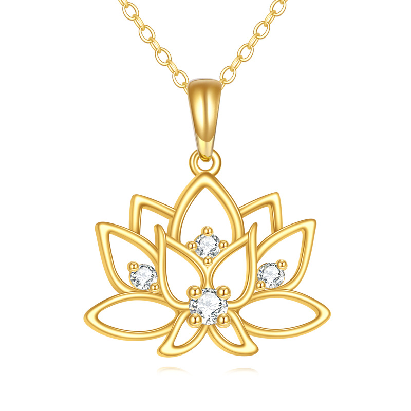 10K Gold Circular Shaped Cubic Zirconia Lotus Pendant Necklace-1