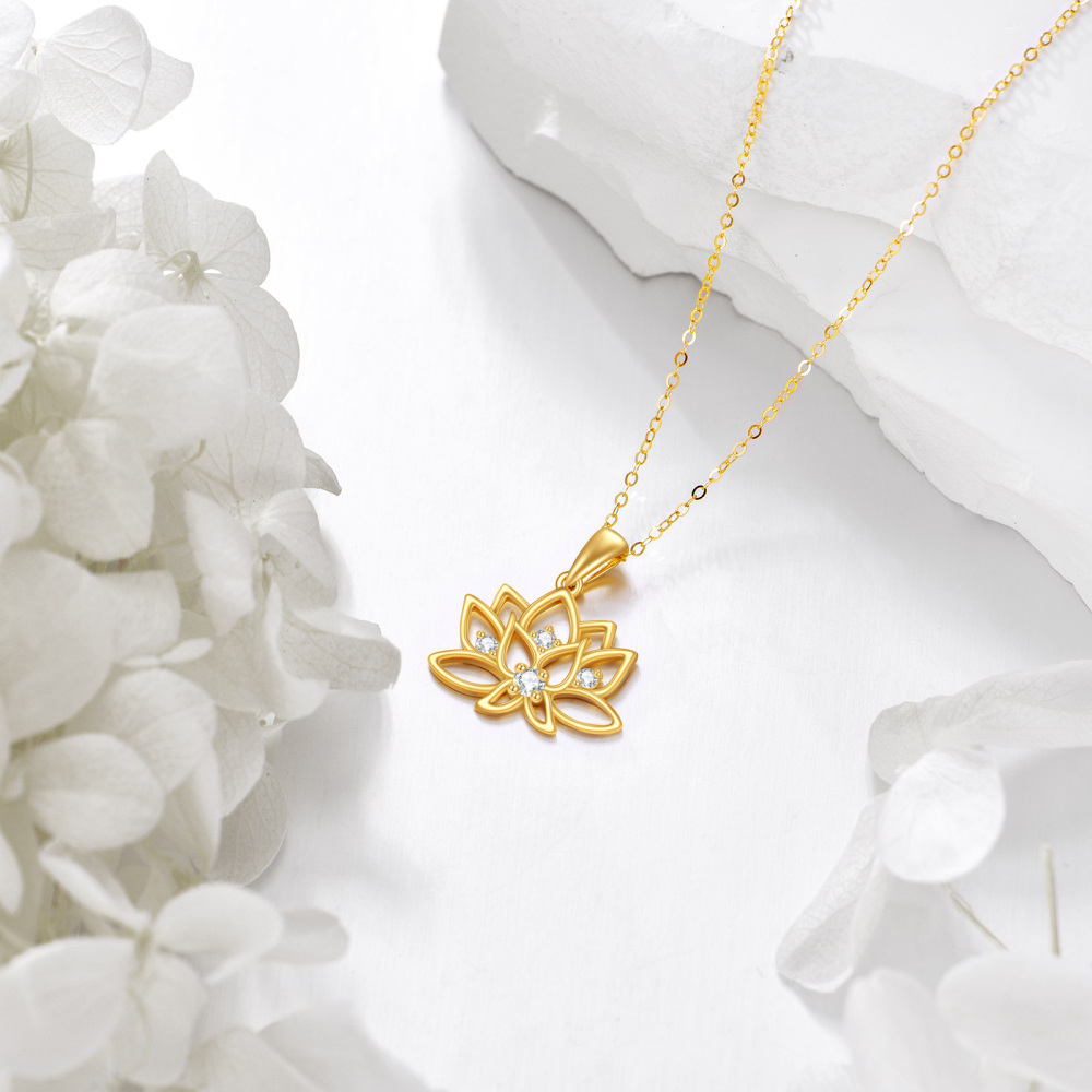 10K Gold Circular Shaped Cubic Zirconia Lotus Pendant Necklace-4