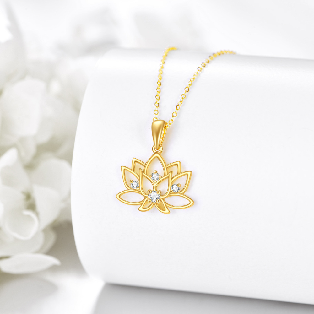 10K Gold Circular Shaped Cubic Zirconia Lotus Pendant Necklace-5