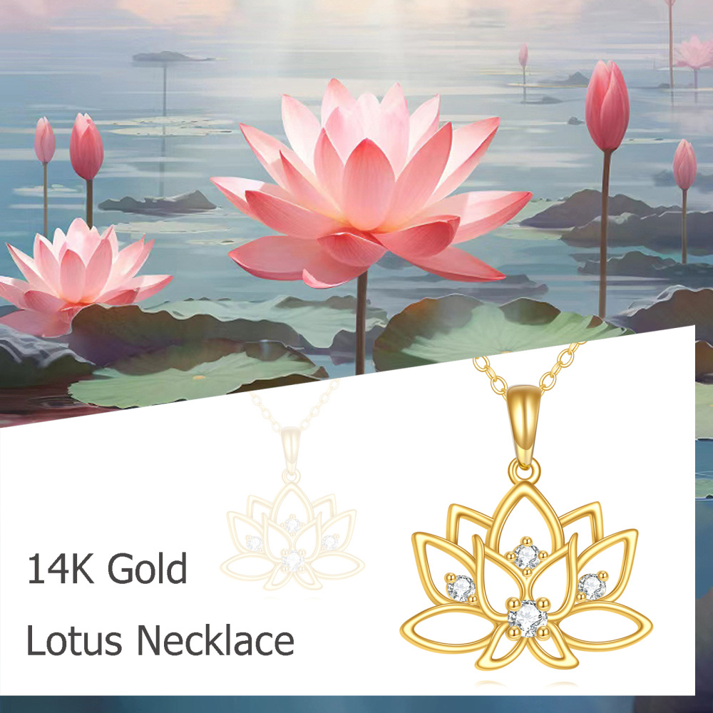 10K Gold Circular Shaped Cubic Zirconia Lotus Pendant Necklace-6
