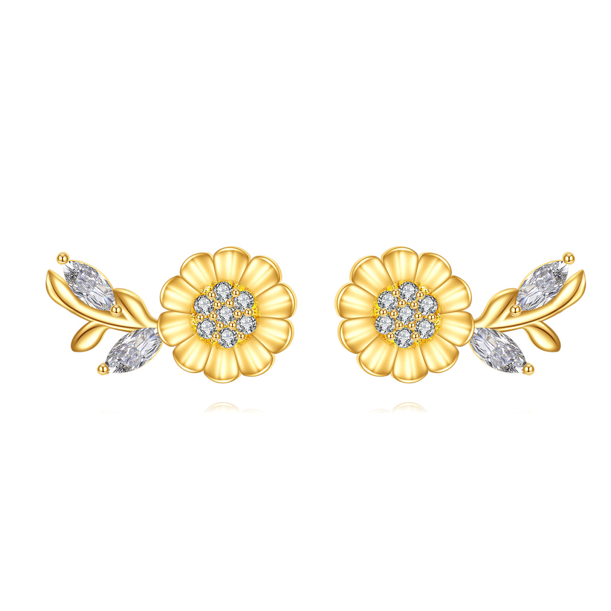 10K Gold Cubic Zirconia Marquise Sunflower Stud Earrings For Women-1