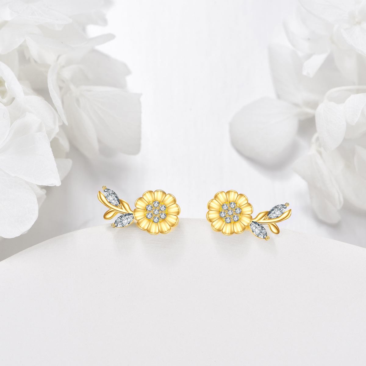 14K Gold Cubic Zirconia Marquise Sunflower Stud Earrings For Women-3