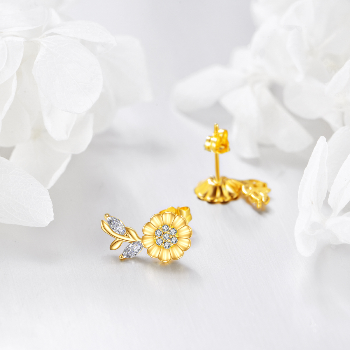 14K Gold Cubic Zirconia Marquise Sunflower Stud Earrings For Women-4